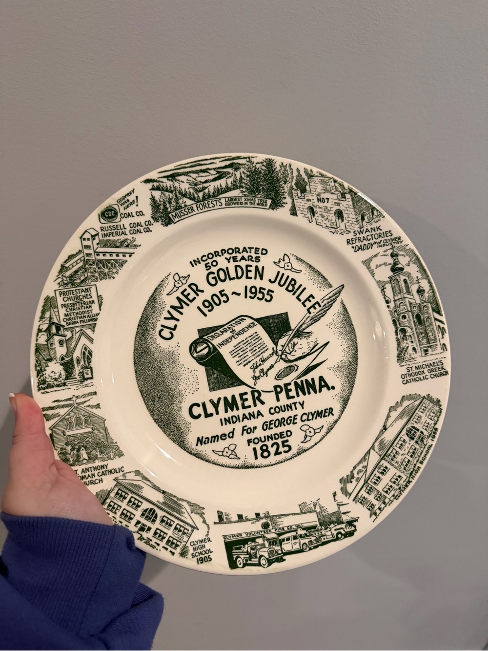 Clymer, Pennsylvania Golden Jubilee Collectible Decorative Plate Green Souvenir